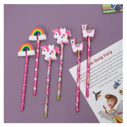 Yellow Bee Pencil with Unicorn Rainbow & Lama Motifs Pack of 6 - Pink-image-1