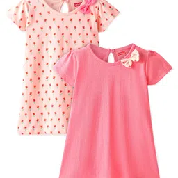 Babyhug 100% Cotton Half Sleeves Frocks With Floral Print Pack Of 2 - Peach & Pink-image-23