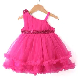 Babyhug Sleeveless Party Frock with Sequin & Frill Detailing - Fuchsia-image-51