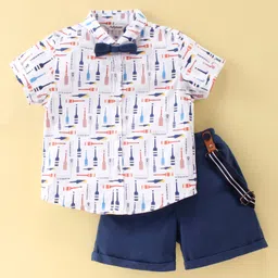 ToffyHouse Cotton Half Sleeves Paddle Printed Party Shirt & Shorts Set with Bow & Suspender - Navy Blue & White-picture-16