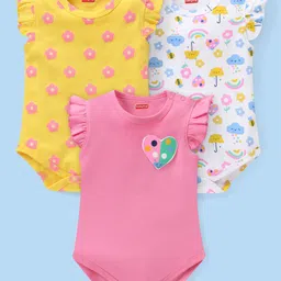 Babyhug 100% Cotton Knit Frill Sleeves Onesie With Floral Print Pack of 3 - Multicolor image 1