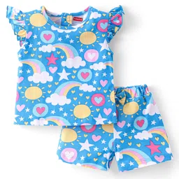 Babyhug Cotton Knit Half Sleeves  Night Suit with Rainbow Print - Blue-image-52