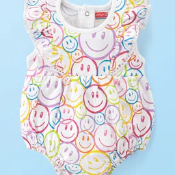 Babyhug 100% Cotton Frill Sleeves Onesie Emoji Print - Multicolor-picture-20