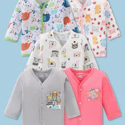OHMS Single Jersey Knit Full Sleeves Front Open Jhablas with Bear & Rocket Print Pack of 5 - White Peach & Grey-picture-23