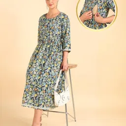 Zelena Three Fourth Sleeves Floral Printed A Line Cotton Maternity Kurta With Concealed Zipper Nursing Access - Multi Color-picture-18