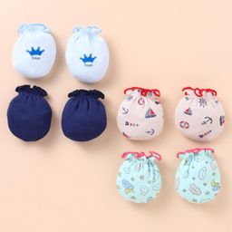 Ben Benny Interlock 100% Cotton Knit Mittens Solid Crown & Ships Print Pack of 4 - Navy Blue Pink & Light Blue-picture-37