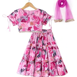 Babyoye Woven Half Sleeves Floral Printed Choli Lehenga Set & Dupatta with Sequin Detailing - Pink-picture-12