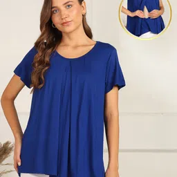 Zelena Half Sleeves Solid Extra Stretchable Zipless Maternity Top - Blue image 1