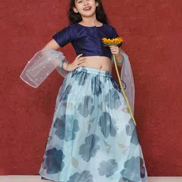 AJ Dezines Organza Half Sleeves Floral Printed Lehenga Choli Set - Dark Blue-picture-11