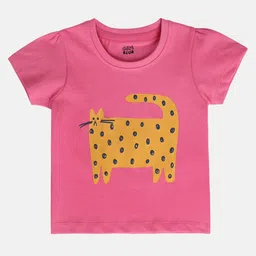 MINI KLUB Cotton Knit Half Sleeves Cat Printed Top - Pink-picture-22