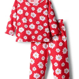 Babyhug Cotton Knit Full Sleeves Co-ords Night Suit with Floral Print - Red-picture-15
