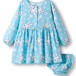 Doodle Poodle 100% Cotton Knit Full Sleeves Frock With Bunny & Floral Print & Bloomer - Turquoise-picture-35