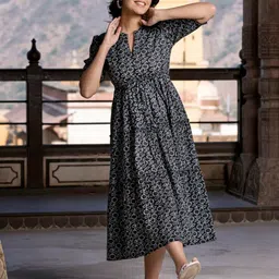 Femvy Women Floral Printed Puff Sleeve V-Neck Tiered Fit & Flare Midi Dress-picture-18