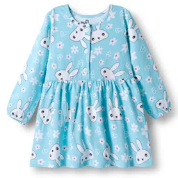 Doodle Poodle 100% Cotton Knit Full Sleeves Frock With Bunny & Floral Print & Bloomer - Turquoise image 2