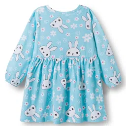 Doodle Poodle 100% Cotton Knit Full Sleeves Frock With Bunny & Floral Print & Bloomer - Turquoise image 3