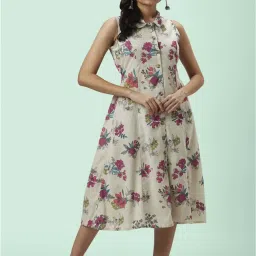 Akkriti by Pantaloons Off-White Cotton Floral Print Shirt Dress image 4