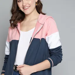 Mast & Harbour Women Pink & Navy Blue Colourblocked Hooded Sweatshirt-picture-13