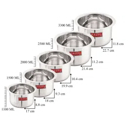 HAZEL Silver Stainless Steel Induction Base Flat Bottom Patila Set of 5 (1100 ml, 3300ml) image 4
