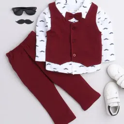 Bumzee Kids Maroon & White Printed Full Sleeves Shirt, Waistcoat with Pants-picture-10