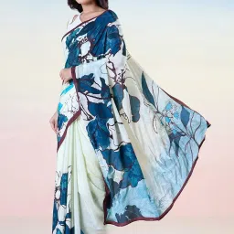 navyasa by liva Off-White & Blue Printed Saree With Unstitched Blouse image 3