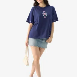 The Souled Store Navy Blue Loose fit Cotton Print T-shirts image 3