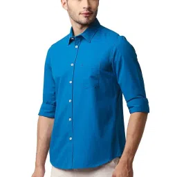 Basics Deep Water Blue Cotton Slim Fit Self Pattern Shirt image 3