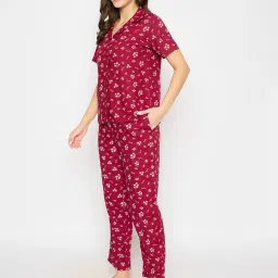 Clovia Maroon Rayon Relaxed Fit Floral Print T-Shirt & Pyjama image 3