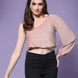 KASSUALLY Pink Textured Crop Top-picture-33