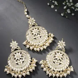 Peora Round Shape Gold Plated Kundan Pearl Studded Chandbali Earrings and Maang Tikka Set-image-5