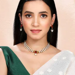 Peora Gold Plated White Maroon Synthetic Stone & Beads Studded Necklace & Earrings Set image 3