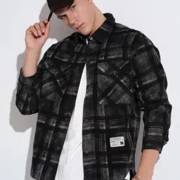 SHOWOFFFF Black Denim Checked Relaxed Fit Shacket-picture-34