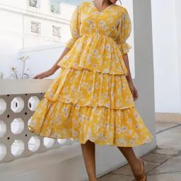 Janasya Yellow Floral Print A-Line Dress-picture-24