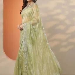 Libas Green Embroidered Saree With Unstitched Blouse image 3