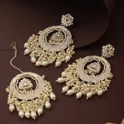 Priyaasi White Floral Pearl Studded Gold-Plated Chandbali Earrings Set with Maangtikka-picture-47