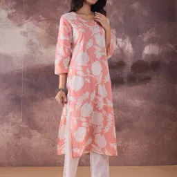 Indo Era Pink Cotton Regular Fit Printed Kurta image 4