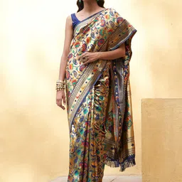 Janasya Women Golden Paithani Silk Woven Floral Design Saree with Unstitched Blouse Piece-image-70