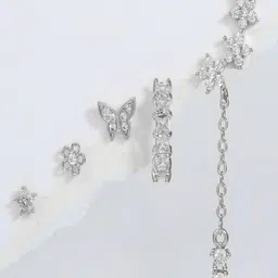 AQUASTREET Set Of 5 18K Silver-Plated Zircon Studded Circular Shaped Half Hoop Earrings-picture-52