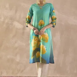 Indo Era Sea Green Cotton Regular Fit Printed Kurta-picture-35