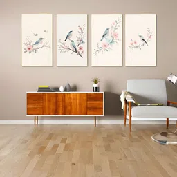 nestroots Beige & Blue 4 Pieces Chirpy Birds Canvas Paintings Wall Arts-image-47
