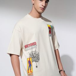 HIGHLANDER Marvel Spiderman Men Cream Round Neck Drop Shoulder Graphic Oversized Tshirt-picture-6