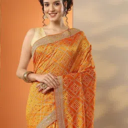 Libas Orange Printed Saree With Unstitched Blouse image 5