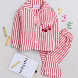 Knitting Doodles Premium Cotton Full Sleeves Railroad Striped & Racing Car Embroidered Coordinating Night Suit - Red & White-image-11