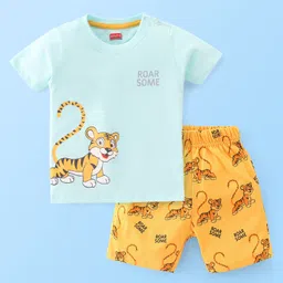 Babyhug Cotton Knit Half Sleeves Night Suit With Tiger Print - Blue-image-56