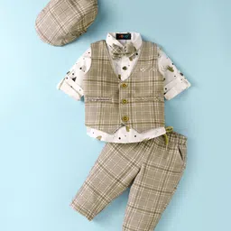 Robo Fry Lycra Knit Full Sleeves Printed 3 Piece Party Suit With Bow & Hat - Brown-picture-19