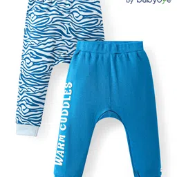 Babyoye 100% Cotton Knit Full Length Diaper Leggings with Animal Stripes & Text Print Pack of 2 - Light Blue-image-94