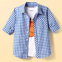 Pine Kids Cotton Woven Full Sleeves Checkered Shirt With T-Shirt - Blue-picture-20