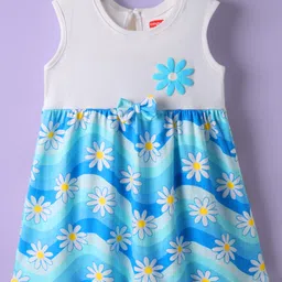 Babyhug Cotton Knit Sleeveless Frock With Floral Print & Bow Applique - Light Blue & White-picture-12