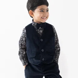 Tiber Taber Cotton Blend Sleeveless Solid Waistcoat With Bow - Navy Blue-picture-20