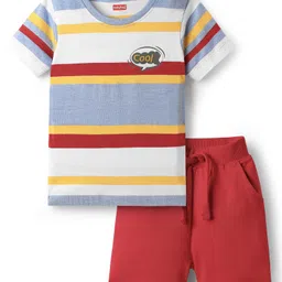 Babyhug Single Jersey Knit Half Sleeves Striped T-Shirt & Shorts Set With Cool Print - Multicolor-picture-14