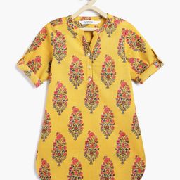 Campana 100% Cotton Three Fourth Sleeves Floral Paisley Printed Kurta - Yellow & Pink-picture-18